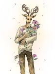  3:4 beastars blue_mood bottomwear brown_bottomwear brown_clothing brown_pants cervid cervine clothing flower hi_res horn humanoid louis_(beastars) male mammal pants petals plant red_deer shirt simple_background solo topwear white_background xdzy111 yellow_clothing yellow_shirt yellow_topwear 