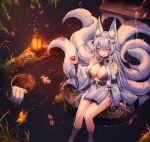 1girl animal_ear_fluff animal_ears azur_lane bare_legs bare_shoulders blue_eyes bow breasts bucket cleavage cleavage_cutout clothing_cutout cup detached_sleeves dress fangs fox_ears fox_girl fox_tail hair_bow highres holding japanese_clothes kitsune kyuubi lamp large_breasts long_hair long_sleeves looking_at_viewer mole mole_on_breast multiple_tails pelvic_curtain revealing_clothes shinano_(azur_lane) short_dress side-tie_peek sitting soaking_feet solo tail thighs very_long_hair water wet white_dress white_hair wide_sleeves wooden_bucket zerocat 