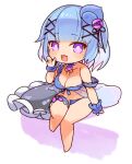  1girl blue_hair breasts character_request cleavage full_body hair_ornament looking_at_viewer mota open_mouth purple_eyes short_hair simple_background smile solo swimsuit white_background x_hair_ornament 