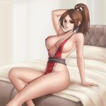  1girl arm_behind_head arm_support bangs bare_shoulders breasts brown_eyes brown_hair collarbone fatal_fury flowerxl large_breasts light_smile long_legs no_bra on_bed parted_bangs ponytail revealing_clothes shiranui_mai sideboob sitting solo the_king_of_fighters thighs 
