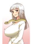  1girl aoi_manabu blush breasts brown_eyes collarbone hakudou_yayoi highres hoshi_no_samidare huge_breasts long_hair looking_at_viewer open_mouth shea_moon simple_background smile snake solo sweatdrop white_hair 