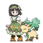  1girl black_eyes black_hair blacknirrow boots closed_mouth dress english_commentary erika_(pokemon) erika_(sygna_suit)_(pokemon) flower full_body green_hairband hair_flower hair_ornament hairband leaf leafeon multicolored_clothes multicolored_dress orange_footwear petting pigeon-toed pokemon pokemon_(creature) pokemon_(game) pokemon_masters_ex puffy_short_sleeves puffy_sleeves short_hair short_sleeves simple_background smile split_mouth standing tiptoes white_background white_flower wristband 