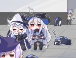  :d ^^^ arknights bangs black_capelet black_dress black_headwear black_pants blush_stickers capelet character_request chibi closed_eyes commentary_request crotch_cutout dress grey_eyes grey_hair grey_shirt hair_between_eyes hat holding holding_knife indoors knife midzuchi pants pointy_ears purple_hair red_eyes shirt skadi_(arknights) smile specter_(arknights) specter_the_unchained_(arknights) standing tile_floor tiles 