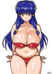  1girl akikusa_peperon bandeau belly bikini breasts cleavage closed_mouth dated double_bun hair_bun large_breasts legs_together long_hair looking_at_viewer plump purple_eyes purple_hair ranma_1/2 red_bandeau red_bikini red_one-piece_swimsuit shampoo_(ranma_1/2) sidelocks sitting smile solo strapless strapless_bikini swimsuit white_background 