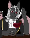  alcohol anthro beverage black_body black_fur blood bodily_fluids chiropteran clothed clothing crybitur fur hair hi_res knife male mammal micrania_van_umaronian red_eyes silver_hair simple_background solo vampire wine wings 