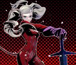  1girl bangs blonde_hair blue_eyes bodysuit breasts cat_tail catsuit cofffee cowboy_shot gloves gradient gradient_background hair_ornament hairclip holding holding_sword holding_weapon long_hair long_sleeves looking_at_viewer medium_breasts persona persona_5 purple_gloves red_background red_bodysuit skin_tight smile solo swept_bangs sword tail takamaki_anne twintails weapon zipper 