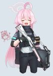  1girl absurdres ahoge black_gloves black_pants blue_archive blush closed_eyes cropped_legs fang gloves grey_background gun halo highres holding holding_gun holding_weapon hoshino_(blue_archive) load_bearing_vest long_hair night_vision_device open_mouth pants pink_hair plate_carrier scope sensei_(blue_archive) shirt shirt_tucked_in shotgun shotgun_shell simple_background skin_fang smile solo_focus srtdrawart suitcase tactical_clothes thumbs_up weapon white_shirt 
