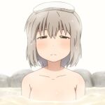  1girl bangs blush closed_mouth collarbone commentary_request completely_nude green_eyes grey_hair hair_between_eyes half-closed_eyes looking_at_viewer nude onsen partially_submerged shirosato simple_background solo towel towel_on_head upper_body water white_background yama_no_susume yukimura_aoi 
