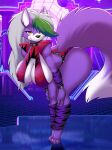  2022 3:4 amber_eyes anthro barefoot bent_over big_breasts big_butt black_collar black_nose bracelet breasts butt canid canine canis clothing collar cosplay costume curvy_figure dipstick_tail dracojeff feet female five_nights_at_freddy&#039;s five_nights_at_freddy&#039;s:_security_breach fluffy fluffy_tail fur green_hair hair hourglass_figure jewelry leg_warmers legwear leotard looking_at_viewer mammal markings multicolored_body multicolored_fur multicolored_hair nipple_outline purple_body purple_fur roxanne_wolf_(fnaf) scottgames solo sorez_(mastersorez) standing tail_markings two_tone_body two_tone_fur two_tone_hair video_games white_body white_fur white_hair wide_hips wolf 