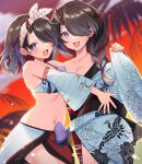  2girls :d absurdres bare_shoulders bikini black_hair blurry blurry_background braid breasts cleavage collarbone commission copyright_request depth_of_field detached_sleeves fang floral_print hair_over_one_eye hair_over_shoulder highres horns japanese_clothes kimono long_hair long_sleeves looking_at_viewer medium_breasts multicolored_hair multiple_girls navel pinching_sleeves polka_dot polka_dot_ribbon print_kimono purple_eyes purple_hair red_hair ribbon sakura_chiyo_(konachi000) single_braid single_horn sleeves_past_wrists smile streaked_hair swimsuit teeth upper_teeth virtual_youtuber white_bikini white_kimono white_ribbon white_sleeves wide_sleeves 