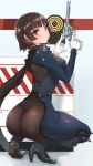  1girl absurdres ass bangs blunt_bangs blush bodysuit braid breasts brown_hair commentary_request crown_braid from_behind goddess_of_victory:_nikke gun handgun highres holding holding_gun holding_weapon kurosususu looking_at_viewer medium_breasts niijima_makoto persona persona_5 red_eyes short_hair solo squatting target weapon 