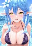  1girl :d absurdres bangs bare_arms bare_shoulders bikini blue_hair blue_nails blush breasts cleavage collarbone day elf fingernails flower frilled_bikini frills hair_flower hair_ornament hand_on_own_chest highres hololive large_breasts long_fingernails long_hair looking_at_viewer m99909678 multicolored_hair nail_polish ocean open_mouth outdoors pointy_ears purple_bikini smile solo streaked_hair swimsuit upper_body very_long_hair virtual_youtuber water white_flower yellow_eyes yukihana_lamy 
