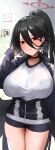  1girl black_hair black_wings blue_archive blue_jacket blue_shorts blush breasts choker collarbone feathered_wings hair_between_eyes halo hasumi_(blue_archive) hasumi_(gym_uniform)_(blue_archive) high_ponytail highres huge_breasts jacket long_hair long_sleeves looking_at_viewer low_wings mole mole_under_eye raw_egg_lent red_eyes sensei_(blue_archive) shirt short_shorts shorts solo_focus sweat thighs very_long_hair white_shirt wings 