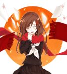  1girl ayano_no_koufuku_riron_(vocaloid) bangs black_serafuku black_skirt brown_hair circle closed_eyes floating floating_object floating_scarf hair_between_eyes hair_ornament hairpin hand_on_own_chest kagerou_project long_hair long_sleeves mekakucity_actors multiple_hairpins neckerchief okame open_mouth orange_background paper pleated_skirt red_scarf scarf school_uniform serafuku skirt solo tateyama_ayano tears two-tone_background white_background white_neckerchief 