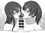  1boy 2girls akagi_(kancolle) bar_censor blush censored collarbone cooperative_fellatio erection fellatio ffm_threesome greyscale group_sex hair_between_eyes hetero highres kaga_(kancolle) kantai_collection licking licking_penis long_hair looking_at_viewer monochrome multiple_girls open_mouth oral penis pov pov_crotch side_ponytail straight_hair takaman_(gaffe) threesome tongue tongue_out veins veiny_penis 