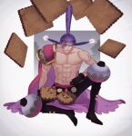  1boy abs armor bangs belt black_gloves black_pants boots border burn_scar cape charlotte_cracker collarbone cookie food full_body gloves grey_border grin happy highres knee_boots knee_up looking_at_viewer male_focus navel nipples one_piece outside_border pants pectorals purple_cape purple_eyes purple_hair sasamiman scar scar_across_eye scar_on_face short_hair shoulder_armor sitting smile solo sparks spread_legs stomach teeth toned topknot topless_male twintails 