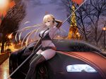  1girl absurdres alternate_costume arm_behind_head armpits azur_lane bangs bare_shoulders bare_tree bike_shorts black_gloves black_necktie black_shorts black_thighhighs blonde_hair bracelet breasts building car closed_mouth commentary crop_top cross eiffel_tower elbow_gloves feet_out_of_frame flag france from_side fur-trimmed_gloves fur-trimmed_thighhighs fur_trim gloves ground_vehicle hair_between_eyes headset highres holding holding_flag jewelry kcar66t large_breasts long_hair looking_at_viewer midriff motor_vehicle navel necktie night orange_gloves outdoors paris purple_eyes race_queen real_world_location richelieu_(azur_lane) shirt shorts sideboob sidelocks sitting sitting_on_car smile solo sports_car stomach thighhighs thighs tree two-tone_gloves vehicle_request white_shirt 