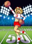  anthro bird_dog blonde_hair bottomwear breasts canid canine canis cheerleader cheerleader_outfit clothing cocker_spaniel domestic_dog dotty_dog female football_field footwear fur hair hair_bows hi_res hunting_dog long_sleeves mammal midriff mlock monogram pigtails pom_poms shoes skirt socks solo spaniel stadium stadium_lighting the_get_along_gang yellow_body yellow_fur 