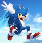  1boy :d absurdres animal_ears animal_nose blue_sky cloud electricity full_body furry furry_male gloves green_eyes highres isa-415810 jumping male_focus open_mouth shoes sky smile solo sonic_(series) sonic_heroes sonic_the_hedgehog sonic_the_hedgehog_2_(film) w white_gloves 