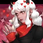  1girl black_horns demon_girl demon_horns ear_piercing earrings heart heart-shaped_pupils helltaker horns jewelry lip_piercing looking_at_viewer modeus_(helltaker) piercing red_eyes red_nails red_sweater ring sweater sweater_under_jacket symbol-shaped_pupils white_hair 