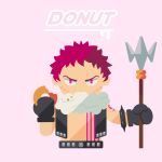  1boy arm_tattoo bangs belt belt_buckle black_gloves black_vest bracelet buckle charlotte_katakuri chest_tattoo chibi commentary cropped_torso crumbs doughnut english_commentary english_text food food_bite food_on_clothes forehead fur_collar gloves half-closed_eyes hands_up holding holding_food holding_trident jewelry looking_at_viewer male_focus minimalism no_lineart no_shirt one_piece open_clothes open_vest pink_background pink_eyes red_hair sasamiman scar scar_on_face short_hair simple_background solo spiked_bracelet spikes stitches straight-on tattoo upper_body v-shaped_eyebrows vest 
