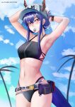  1girl absurdres alfarejected arknights armpits arms_behind_head arms_up bangs bare_arms bare_shoulders baseball_cap belt bikini black_bikini blue_hair blue_sky blush ch&#039;en_(arknights) cloud commentary cowboy_shot day dragon_horns dragon_tail english_commentary female_tourist_c_(arknights) hair_tie_in_mouth hat highres horns horns_through_headwear long_hair mouth_hold navel official_alternate_costume open_fly pouch red_eyes sidelocks sky solo standing stomach swimsuit tail 