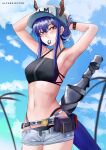  1girl absurdres alfarejected arknights armpits arms_behind_head arms_up bangs bare_arms bare_shoulders baseball_cap belt bikini black_bikini blue_hair blue_sky blush ch&#039;en_(arknights) cloud commentary cowboy_shot day dragon_horns dragon_tail english_commentary female_tourist_c_(arknights) grey_shorts hair_tie_in_mouth hat highres horns horns_through_headwear long_hair mouth_hold navel official_alternate_costume open_fly pouch red_eyes short_shorts shorts sidelocks sky solo standing stomach swimsuit tail 