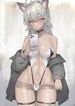  1girl :/ ahoge animal_ear_fluff animal_ears ass_visible_through_thighs bare_shoulders black_choker black_jacket blush breasts brown_eyes cellphone choker cleavage closed_mouth clothing_cutout commentary cowboy_shot ear_piercing grey_hair hair_between_eyes hand_up highleg highleg_leotard highres hitowa holding holding_phone jacket large_breasts leotard long_hair long_sleeves looking_at_viewer micro_shorts navel off_shoulder open_clothes open_jacket original pendant_choker phone piercing shorts shorts_tug smartphone solo stomach stomach_cutout strapless strapless_leotard sweatdrop symbol-only_commentary thigh_strap thighs two-tone_leotard unzipped v-shaped_eyebrows white_leotard zipper_pull_tab 
