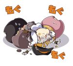  1girl :t bangs black_headwear blush braid breasts cabbie_hat closed_mouth commentary_request eating food food_on_face grey_hair grey_skirt hair_between_eyes hat hat_removed headwear_removed highres in_food kizuna_akari large_breasts long_hair lying milkpanda minigirl on_back puffy_cheeks shadow shirt simple_background skirt solo suspender_skirt suspenders sweat translation_request twin_braids twintails voiceroid wavy_mouth white_background white_shirt |_| 