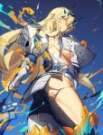  1girl armor ass biceps blonde_hair breasts broken_armor fairy_knight_gawain_(fate) fate/grand_order fate_(series) fire heterochromia holding holding_sword holding_weapon large_breasts long_hair looking_back melon22 muscular muscular_female official_art sword thick_thighs thighs torn_clothes weapon 