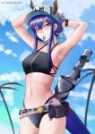  1girl absurdres alfarejected arknights armpits arms_behind_head arms_up bangs bare_arms bare_shoulders baseball_cap belt bikini black_bikini blue_hair blue_sky blush ch&#039;en_(arknights) cloud commentary cowboy_shot day dragon_horns dragon_tail english_commentary female_tourist_c_(arknights) hair_tie_in_mouth hat highres horns horns_through_headwear long_hair mouth_hold navel official_alternate_costume open_fly pouch red_eyes sidelocks sky solo standing stomach swimsuit tail 