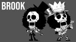 1boy afro arm_up big_hair blacknirrow bow_(music) brook_(one_piece) character_name chibi commentary crack crown english_commentary english_text floral_print frilled_jacket frilled_sleeves frills full_body fur_(clothing) grey_background greyscale hand_up hat heart heart-shaped_eyewear highres holding holding_bow_(music) holding_instrument hollow_eyes instrument jacket long_sleeves male_focus monochrome multiple_views music one_piece open_clothes open_jacket open_mouth pants playing_instrument shoes short_hair simple_background skeleton skull standing sunglasses teeth tilted_headwear top_hat violin 