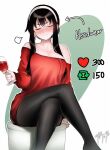  1girl alcohol bare_shoulders black_hair black_pantyhose blush breasts cleavage closed_mouth collarbone crossed_legs cup dress drinking_glass earrings english_text facing_viewer feet_out_of_frame holding holding_cup jewelry large_breasts nose_blush off-shoulder_dress off_shoulder pantyhose red_dress short_hair_with_long_locks sidelocks signature sitting smile solo spy_x_family twitter_strip_game two-tone_background v-shaped_eyebrows wine wine_glass yor_briar zasshu 