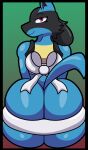 absurd_res ambiguous_gender anthro bedroom_eyes big_butt butt butt_squish generation_4_pokemon hi_res huge_butt looking_at_viewer looking_back lucario narrowed_eyes nintendo pokemon pokemon_(species) ribbons seductive solo someth1ngoranother squish video_games 