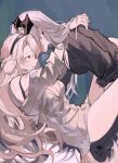  2girls absurdres animal_ears arknights bare_shoulders black_hairband blonde_hair blue_eyes blush bottomless breasts cleavage dog_ears dog_girl dog_tail dragon_horns from_side grey_hair grey_shirt hairband highres horns implied_fingering joshua_(shisanli934) kirsten_(arknights) large_breasts leaning_forward long_hair long_sleeves lying multiple_girls no_bra on_back parted_lips saria_(arknights) shirt smile sweat tail very_long_hair yuri 
