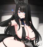  1girl animal_ears bangs bell black-haired_fox_girl_(hayabusa) black_garter_straps black_gloves black_hair black_thighhighs blue_eyes blush breast_curtains breasts cleavage elbow_gloves fox_ears fox_girl fox_shadow_puppet fox_tail gloves hand_up hayabusa heart highres large_breasts looking_at_viewer mole mole_on_breast mole_under_eye multiple_girls original parted_lips sideboob signature smile tail thick_eyebrows thighhighs thighs 