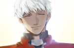  1boy archer_(fate) bangs black_shirt blush closed_eyes commentary_request dark-skinned_male dark_skin donkey_fgo facing_viewer fate/grand_order fate/stay_night fate_(series) happy jacket korean_commentary male_focus portrait red_jacket shirt short_hair simple_background smile solo white_background white_hair 