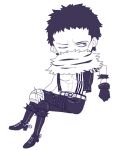  1boy abs arm_tattoo bangs belt belt_buckle bracelet buckle charlotte_katakuri chest_tattoo chibi commentary covered_mouth crossed_legs forehead full_body fur_collar gloves half-closed_eye jewelry knee_pads looking_to_the_side male_focus monochrome no_shirt one_eye_closed one_piece open_clothes open_vest pants pectorals sasamiman scar scar_on_face shiny shiny_clothes shoes short_hair simple_background sitting sketch solo spiked_bracelet spikes stirrups tattoo thigh_strap vest white_background 