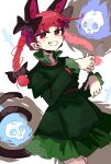  1girl :d absurdres animal_ears asuku_(69-1-31) black_bow blunt_ends bow braid cat_ears cat_tail dress extra_ears floating_skull green_dress grin hair_bow highres hitodama kaenbyou_rin multiple_tails nekomata red_eyes red_hair simple_background skull slit_pupils smile tail teeth touhou twin_braids two_tails white_background 
