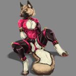  1:1 akita anthro blep breasts canid canine canis chest_tuft claws clothing clothing_aside collar domestic_dog female fluffy fluffy_tail genitals german_shepherd herding_dog hi_res latex mammal nipples pastoral_dog pussy rubber rubber_clothing rubber_suit sitting solo spitz tight_clothing tongue tongue_out tuft venlightchaser whiskers 