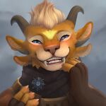  1:1 4_ears 4_horns absurd_res anthro badge blue_eyes blush charr clothed clothing fangs felid female gloves grey_background guild_wars handwear hi_res horn looking_at_viewer mammal multi_ear multi_horn pauline_(artist) portrait scarf simple_background smile solo teeth video_games 