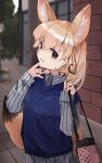  1girl alternate_costume animal_ears blonde_hair blue_shirt brown_eyes casual collared_shirt commentary_request extra_ears fennec_(kemono_friends) fox_ears fox_girl fox_tail highres kemono_friends long_sleeves looking_at_viewer nanana_(nanana_iz) pink_bag shirt short_hair short_sleeves solo striped striped_shirt t-shirt tail two-tone_shirt 