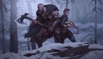  2boys arrow_(projectile) atreus axe bald beard black_cape black_hair black_pants bow_(weapon) brown_gloves cape dao_trong_le facial_hair father_and_son fighting_stance fur-trimmed_cape fur_trim gloves god_of_war highres holding holding_arrow holding_axe holding_bow_(weapon) holding_weapon kratos large_pectorals male_focus multiple_boys muscular muscular_male nipples open_mouth outdoors pale_skin pants pectorals quiver short_hair snow snowing undercut weapon 