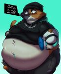  absurd_res beanie belly black_clothing blush chug_jug clothing domestic_cat ear_piercing embarrassed epic_games felid feline felis female fortnite goth hat headgear headwear hi_res lockwoodlame mammal meow_skulls_(fortnite) navel overweight overweight_female piercing simple_background solo text torn_clothing video_games yellow_eyes 