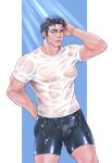  1boy bara black_shorts blue_hair bulge closed_mouth covered_nipples highres kiriero_gunsou large_pectorals male_focus muscular muscular_male original pectorals see-through shirt short_hair shorts solo wet wet_clothes wet_hair wet_shirt wet_shorts white_shirt 