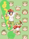  1boy 1girl blue_hair brown_shorts cape chasing commentary father_and_daughter green_background green_eyes green_hair green_shorts headphones highres idrawwhatilike koiwai_yotsuba motion_blur mr._koiwai open_mouth orange_shorts outstretched_arms pantsman paper_hat quad_tails red_cape running shirt short_hair shorts smile striped striped_shorts sword t-shirt vertical-striped_shorts vertical_stripes weapon white_shirt wooden_sword yotsubato! 