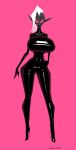  2022 alien alien_humanoid artist_name big_breasts breasts clothing dracreloaded female footwear hair hi_res high_heels huge_breasts humanoid humanoid_pointy_ears lord_dominator not_furry rubber rubber_clothing rubber_suit simple_background solo standing wander_over_yonder white_hair 