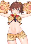  1girl absurdres ahoge animal_hands aqua_eyes bare_shoulders blush breasts brown_hair chinese_zodiac gloves highres hololive midriff natsuiro_matsuri navel paw_gloves ponytail quandoo simple_background smile solo tiger_stripes virtual_youtuber white_background year_of_the_tiger 