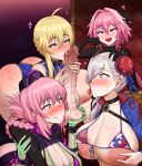  1boy 3girls :&gt;= absurdres ahoge alternate_breast_size american_flag_bikini arin_sel artoria_pendragon_(fate) artoria_pendragon_(lancer)_(fate) astolfo_(fate) asymmetrical_hair bangs bare_shoulders belt bikini black_bow blonde_hair blue_eyes blush bow braid braided_ponytail breasts censored chair choker cleavage collarbone commentary commentary_request cooperative_fellatio english_commentary fang fate/grand_order fate_(series) fellatio flag_print floral_print florence_nightingale_(fate) florence_nightingale_(trick_or_treatment)_(fate) french_braid gloves gradient gradient_background green_bikini green_eyes green_gloves grey_hair hair_between_eyes hair_bow hair_bun hair_intakes hair_ribbon harem hat heart heart-shaped_pupils hetero highres large_breasts layered_bikini leotard licking licking_penis lipstick_mark lipstick_mark_on_face lipstick_mark_on_penis lipstick_ring long_braid long_hair long_sleeves miniskirt miyamoto_musashi_(fate) miyamoto_musashi_(swimsuit_berserker)_(fate) miyamoto_musashi_(swimsuit_berserker)_(second_ascension)_(fate) mosaic_censoring multicolored_hair multiple_girls nipple_tweak nipples nurse nurse_cap official_alternate_costume open_mouth oral otoko_no_ko penis pink_hair purple_background purple_eyes red_eyes revealing_clothes ribbon saliva saliva_on_penis saliva_trail shrug_(clothing) sidelocks simple_background single_braid single_hair_bun single_hair_intake single_side_bun sitting skirt slap_mark sleeveless sleeveless_turtleneck smile steaming_body streaked_hair sweat sweating_profusely swept_bangs swimsuit symbol-shaped_pupils testicle_sucking testicles throne tongue tongue_out turtleneck white_hair 