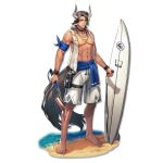  1boy abs animal_ears arknights artist_request bandana bara bare_pectorals cow_boy cow_ears cow_horns cow_tail dagger full_body holding holding_dagger holding_surfboard holding_weapon horns jacket jewelry knife large_pectorals looking_at_viewer male_focus male_swimwear matterhorn_(arknights) matterhorn_(beach_guard)_(arknights) medium_hair muscular muscular_male navel necklace nipples non-web_source official_alternate_costume official_art open_clothes open_jacket pectorals see-through shorts solo source_request stomach surfboard swim_trunks tail weapon white_background white_shorts 